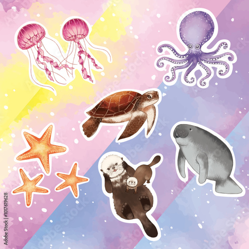 Explore adorable ocean creatures in vibrant, watercolor designs—perfect for stickers, scrapbooks, and decorations. Make your projects pop with these whimsical sea friends!