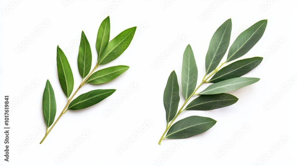 set of green eucalyptus and olive leaves, isolated on a clean white background. set of green eucalyptus and olive leaves, isolated on a clean white background.