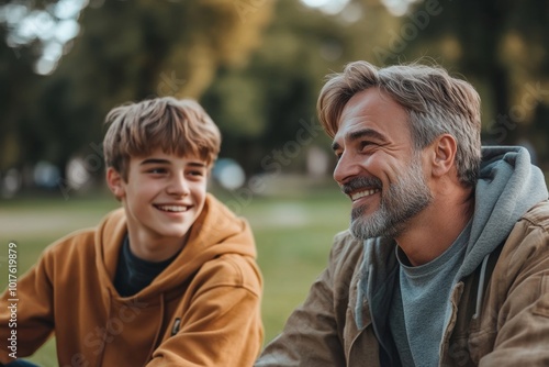 happy father laughing while sitting near teenage son on green lawn in park, Generative AI