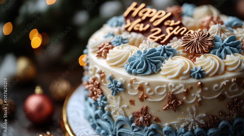 New Year's Cake with Delicate Decorations New Year's Cake with Delicate Decorations