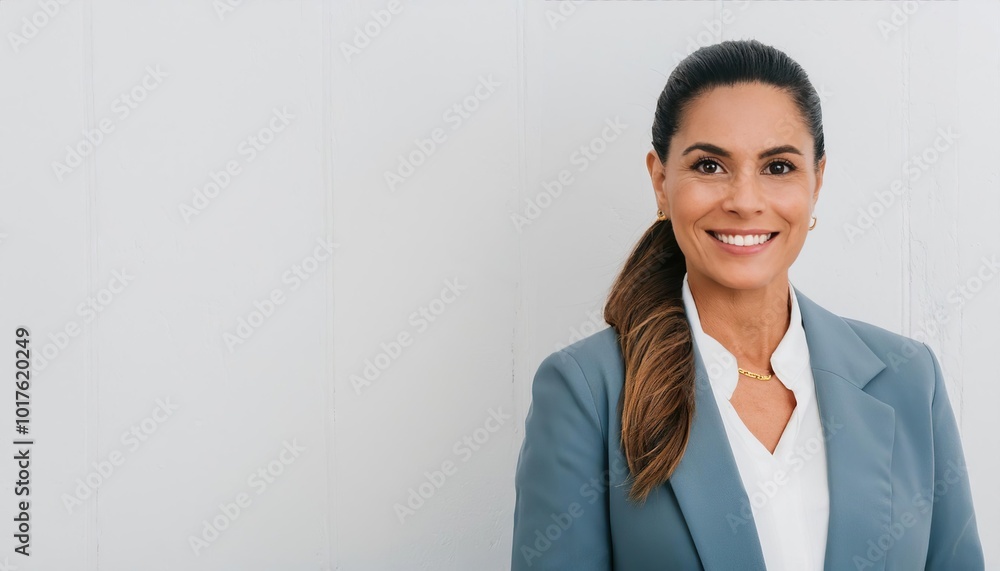Middle aged female entrepreneur with ponytail in professional outfit smiling Middle aged female entrepreneur with ponytail in professional outfit smiling