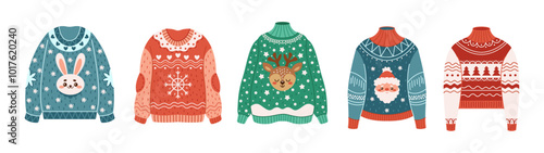 Christmas sweaters with winter holiday motifs flat color vector objects set. Cute knitwear creating coziness illustrations on white background