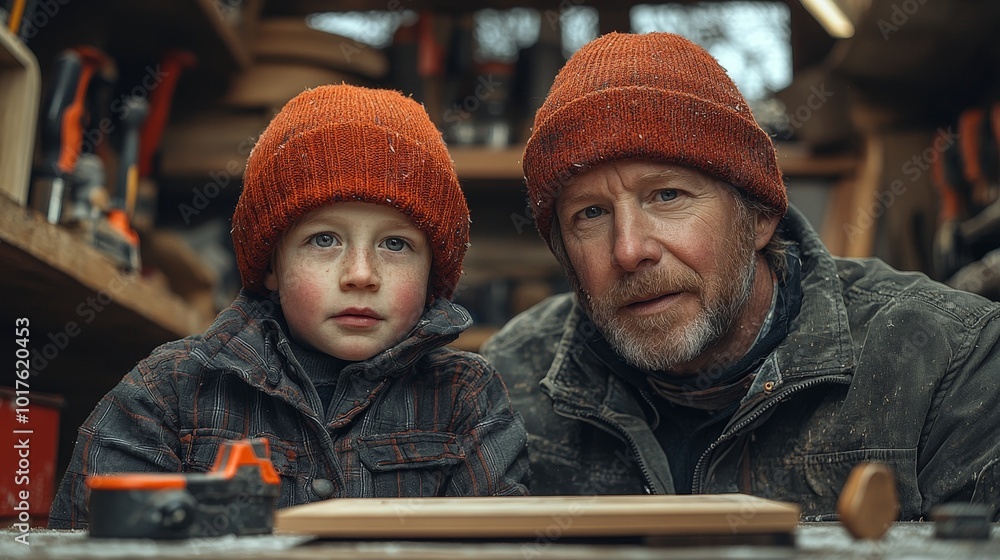 A man and a boy in winter hats working together in a workshop. A man and a boy in winter hats working together in a workshop.