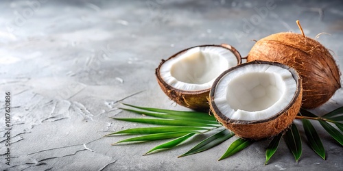 Fresh Coconut Halves and Pieces on Light Gray Background for Tropical Vibes and Culinary Delights