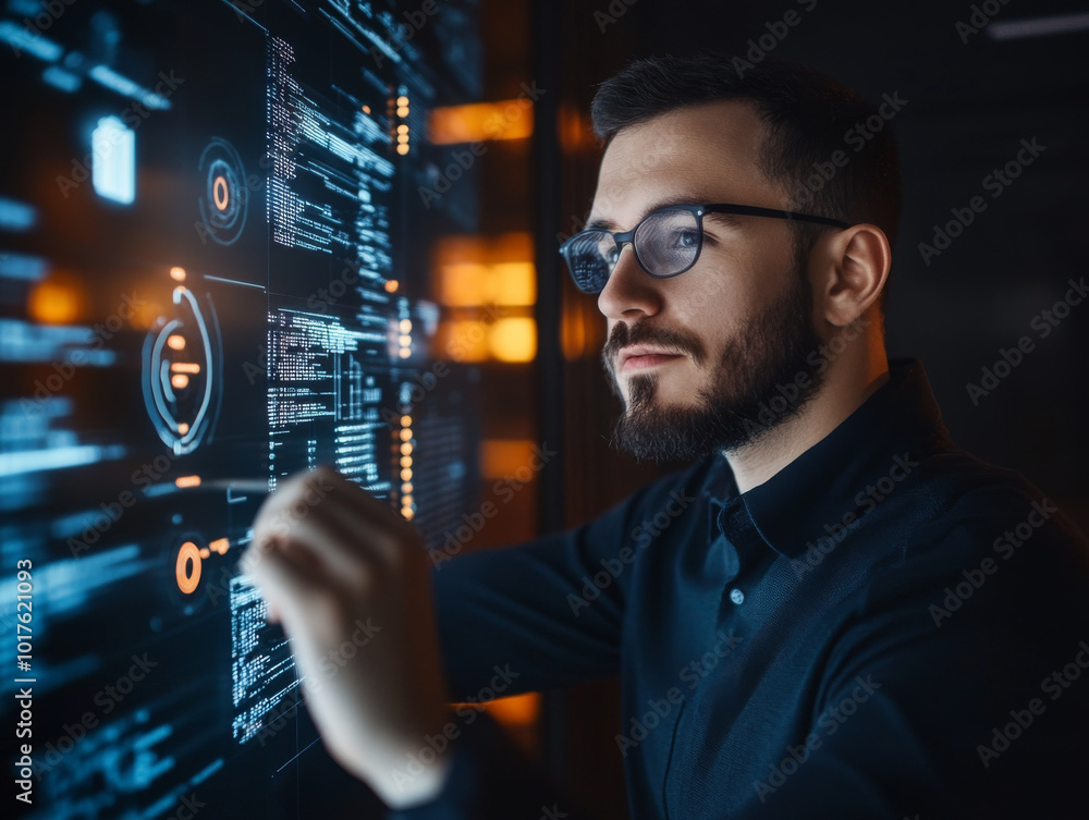 A business consultant guiding a company through its digital transformation journey, using data and tech-driven strategies in a sleek office. A business consultant guiding a company through its digital transformation journey, using data and tech-driven strategies in a sleek office.