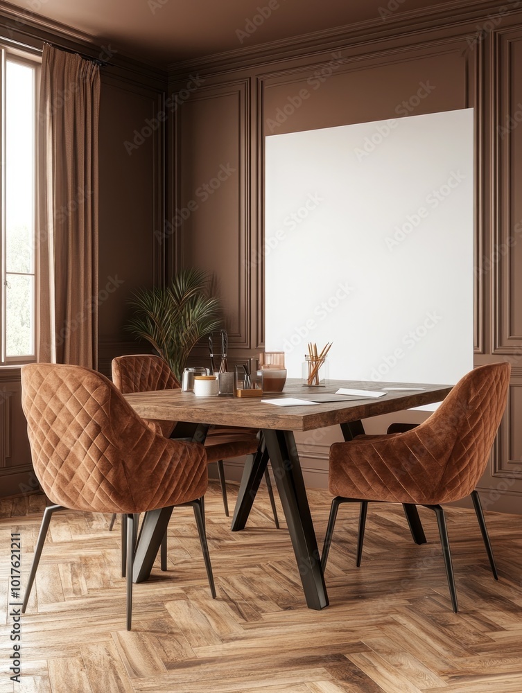 Fototapeta premium A modern dining area featuring a stylish table and chairs with a warm color palette.