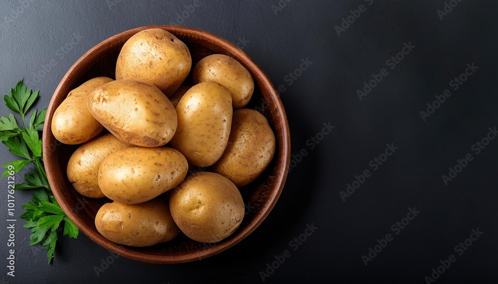 potato in a bowl on a black background, top view, copy space potato in a bowl on a black background, top view, copy space