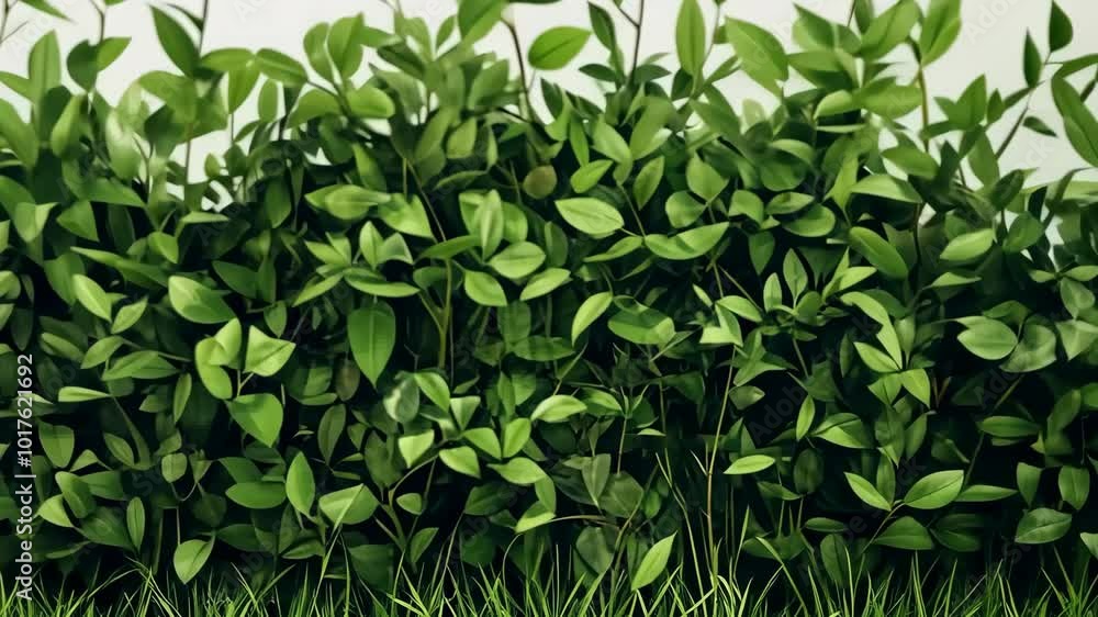 A close-up of a green bush with leaves and grass at the bottom A close-up of a green bush with leaves and grass at the bottom