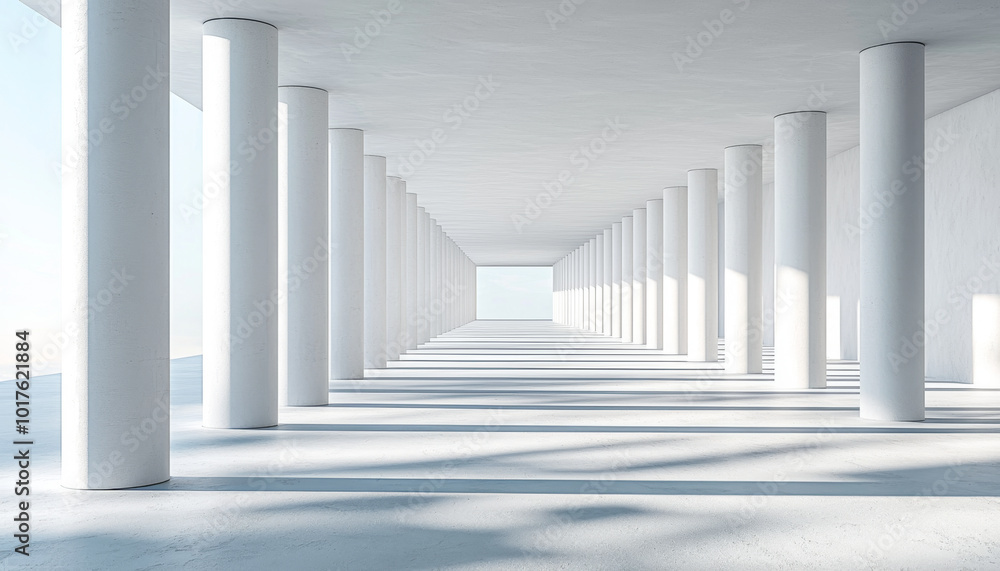 A spacious, minimalist interior featuring white columns and a bright, open perspective. A spacious, minimalist interior featuring white columns and a bright, open perspective.