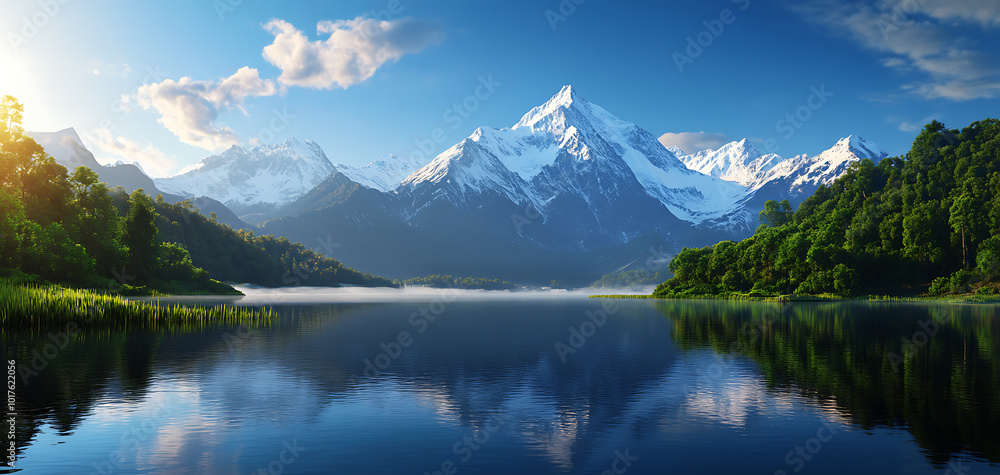 Majestic mountains reflecting in a serene lake at sunrise, showcasing natural beauty. Majestic mountains reflecting in a serene lake at sunrise, showcasing natural beauty.
