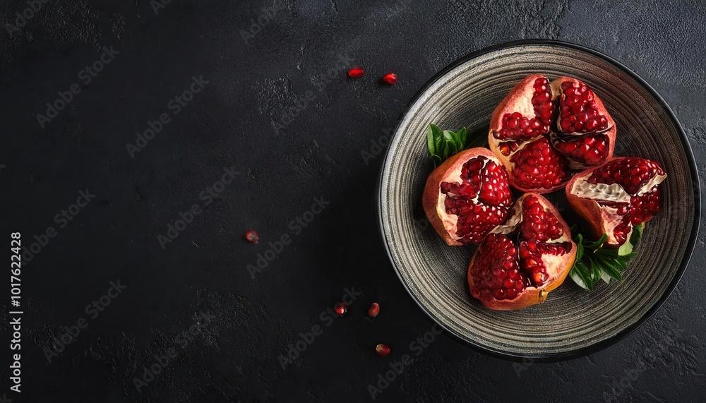 Pomegranate in a bowl on a black background, top view, copy space Pomegranate in a bowl on a black background, top view, copy space