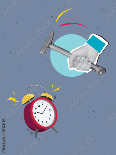 A hand with a hammer swings at a ringing alarm clock. Modern collage vector illustration