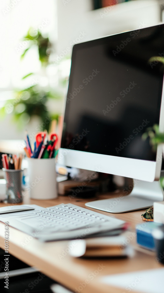 A modern workspace featuring a computer, keyboard, and stationery on a wooden desk. A modern workspace featuring a computer, keyboard, and stationery on a wooden desk.