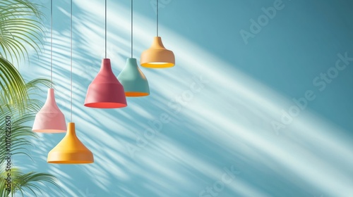 A stylish set of colorful 3D hanging lamps on a light blue background, with light beams illuminating the scene, ideal for interior design ads or modern decor ideas.
