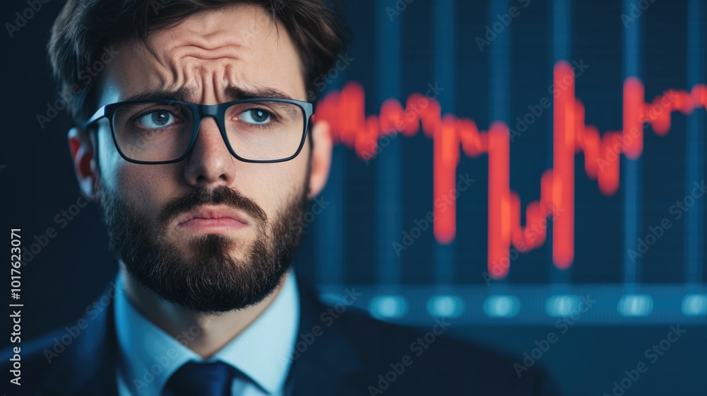 Serious and concerned businessman closely observing and analyzing a falling financial graph or chart on a digital screen with a deep depth of field effect in the background Serious and concerned businessman closely observing and analyzing a falling financial graph or chart on a digital screen with a deep depth of field effect in the background