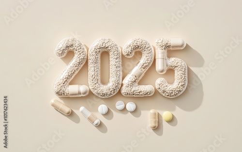 Wallpaper Mural The numbers "2025" crafted from organic materials and natural supplements on a light beige background, representing a holistic approach to health  Torontodigital.ca