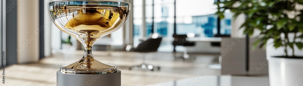 A golden trophy displayed in a modern office environment, symbolizing achievement and success. A golden trophy displayed in a modern office environment, symbolizing achievement and success.