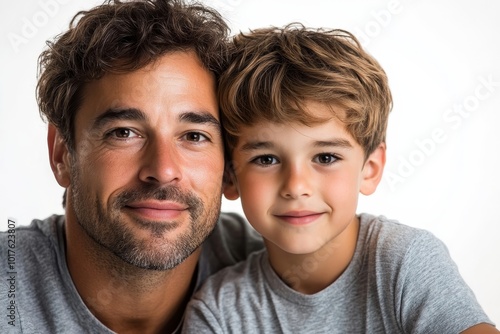 Portrait of emotional dad and his son isolated on white, Generative AI