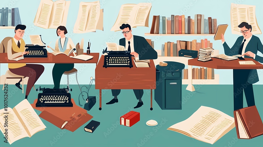 Fototapeta premium Male and female writers immersed in work surrounded by scattered papers and typewriters.