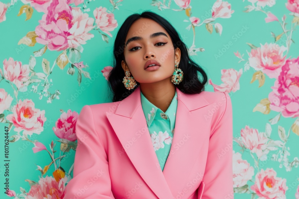 Young woman posing in pink suit with floral wallpaper Young woman posing in pink suit with floral wallpaper