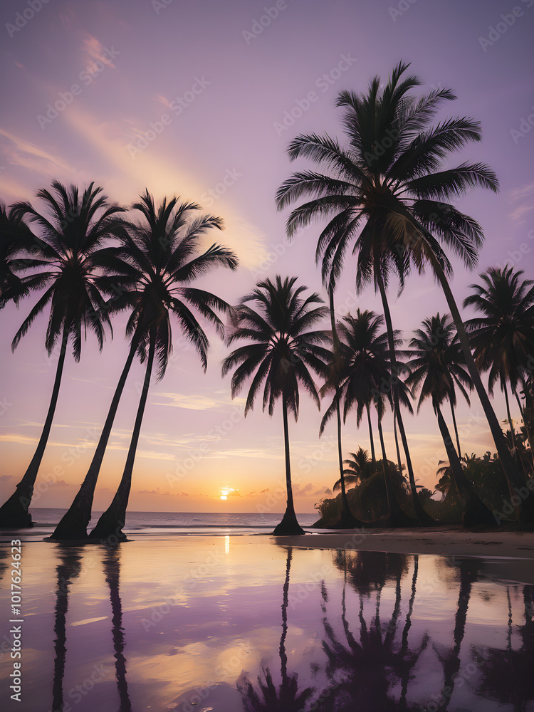 Obraz premium A peaceful tropical sky at dusk, with the sun setting behind a row of palm trees and the sky turning shades of purple and gold 