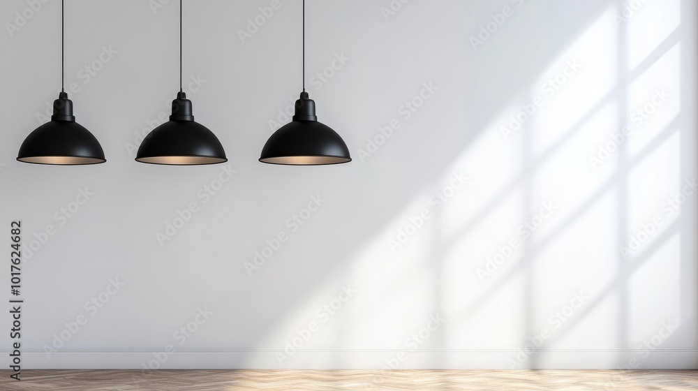 Minimalist scene featuring three black pendant lights in front of a smooth white wall, perfect for interior design or lighting concept inspiration. 3D rendering. Minimalist scene featuring three black pendant lights in front of a smooth white wall, perfect for interior design or lighting concept inspiration. 3D rendering.