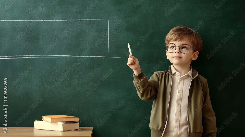 A young child dressed as a teacher, holding a pointer, standing in front of a clean blackboard, modern school environment. A young child dressed as a teacher, holding a pointer, standing in front of a clean blackboard, modern school environment.