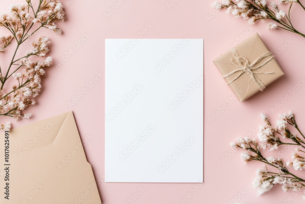 Blank card with soft decor enhances gift and floral theme. Blank card with soft decor enhances gift and floral theme.