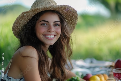 A young woman smiles in a straw hat. This photo is perfect for representing happiness and carefree living.