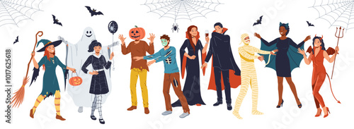 Young adults in spooky Halloween attires flat color vector illustration. Scary masquerade party dressed up guests cartoon characters on white