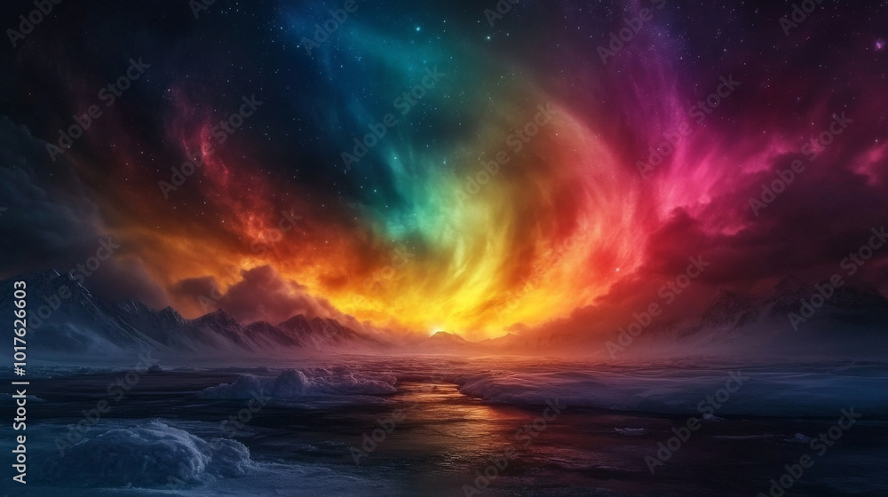 A Northern Lights display showcasing a rainbow of colors, from bright yellows to deep reds, over a frozen wilderness. A Northern Lights display showcasing a rainbow of colors, from bright yellows to deep reds, over a frozen wilderness.