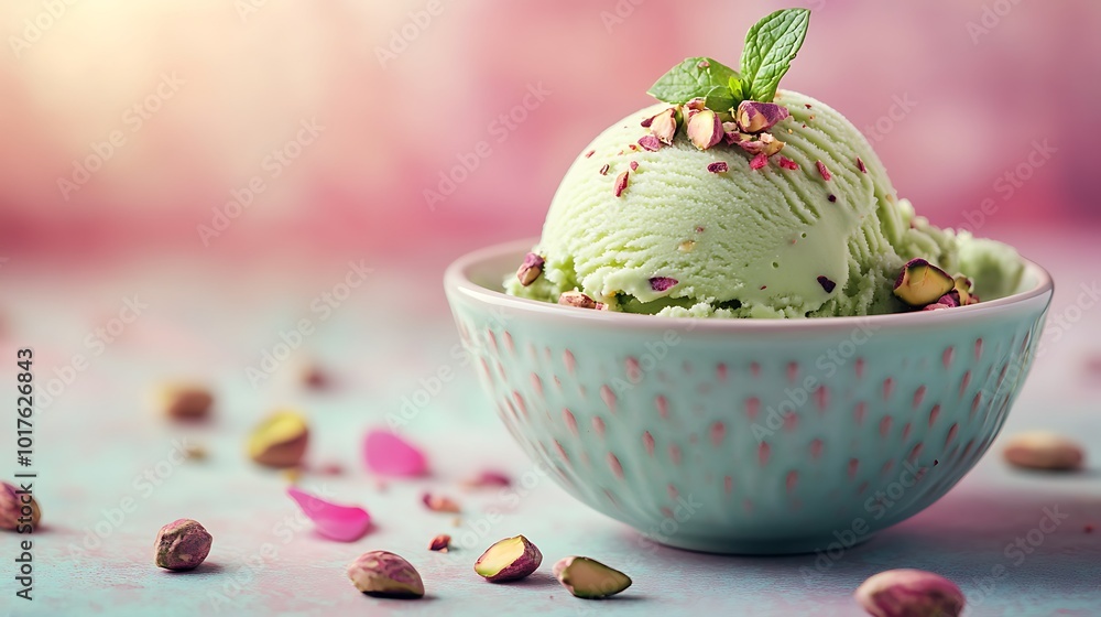 A bowl of pistachio ice cream garnished with nuts. A bowl of pistachio ice cream garnished with nuts.