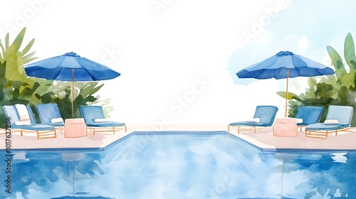 Wallpaper Mural Watercolor Illustration of a Pool with Loungers and Umbrellas. Torontodigital.ca