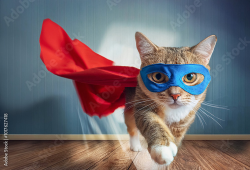 image amusante d'un chat déguisé en super héro, qui porte un masque bleu, une cape rouge et qui s'apprête à bondir, intérieur appartement, arrière plan bleuté