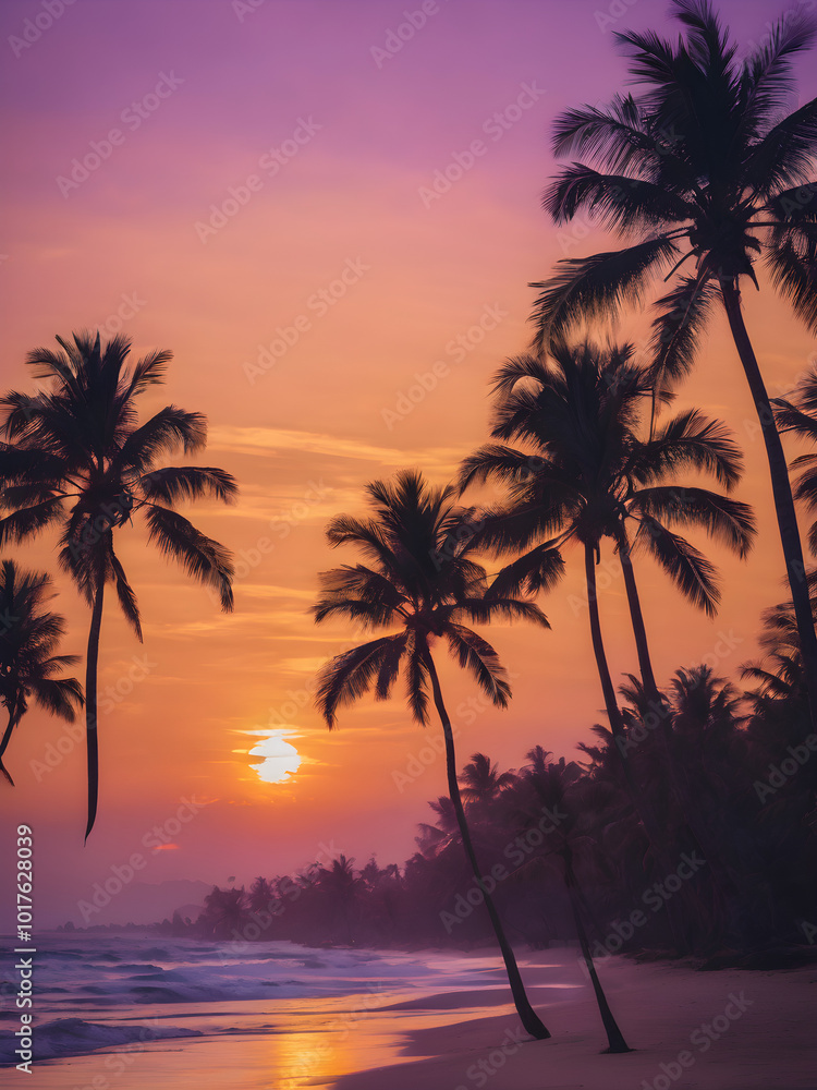Obraz premium A peaceful tropical sky at dusk, with the sun setting behind a row of palm trees and the sky turning shades of purple and gold 