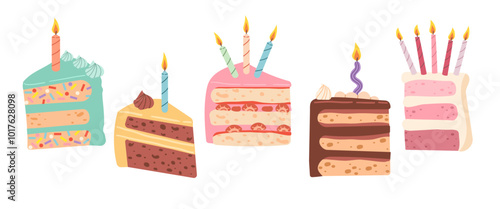 Birthday cake slices set. Sweet holiday bakery pieces collection. Pastry chocolate fruit, berry dessert with candles for breakfast. Vector hand drawn flat cartoon illustration