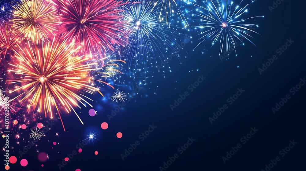 A vibrant display of fireworks bursts across a dark blue background, leaving a trail of sparkling lights and confetti. A vibrant display of fireworks bursts across a dark blue background, leaving a trail of sparkling lights and confetti.