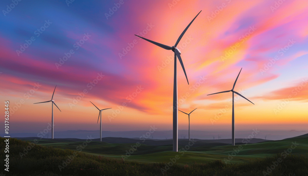 Obraz premium A serene landscape featuring wind turbines against a vibrant sunset sky, highlighting renewable energy and environmental sustainability.