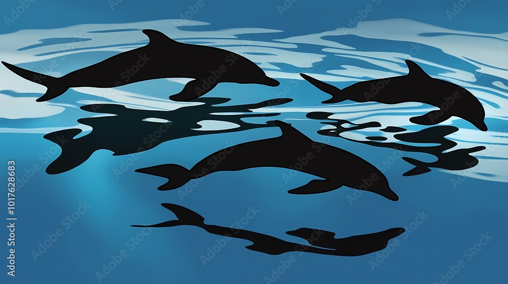 Naklejka premium Silhouetted dolphins gracefully swimming in clear blue water.
