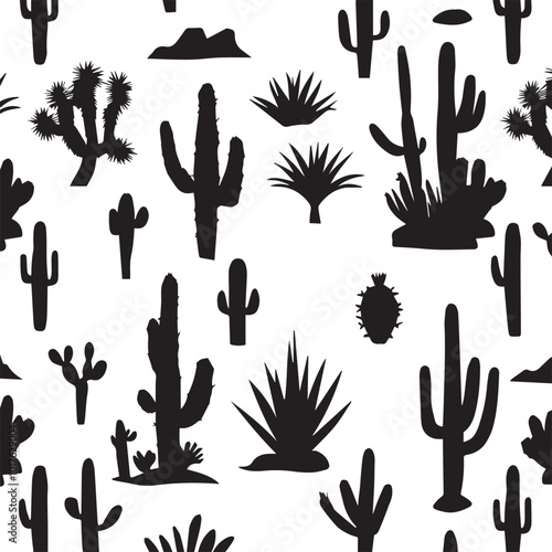 Black silhouettes of different cactus on a white background