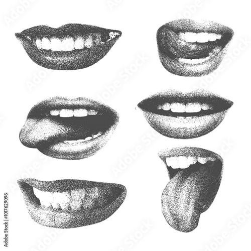 Mouth and lips in scream, smile or anger with halftone newspaper collage effect, for grunge punk y2k design.