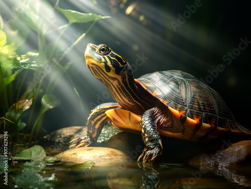 A professional image of a pet turtle resting in a shallow pool within a terrarium, surrounded by aquatic plants and natural stones, illuminated by gentle sunlight. photo