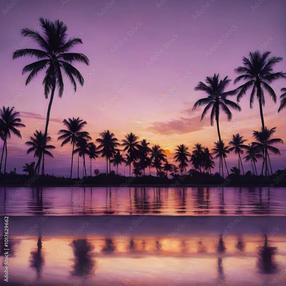 Obraz premium A peaceful tropical sky at dusk, with the sun setting behind a row of palm trees and the sky turning shades of purple and gold 