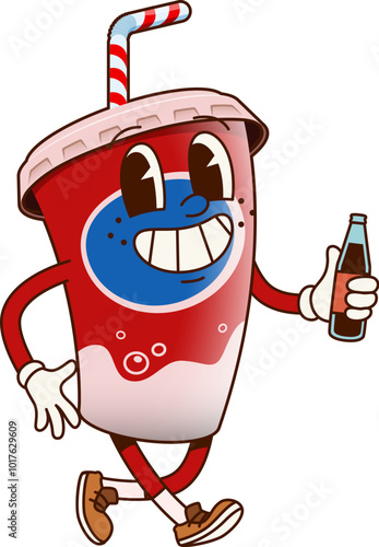 Groovy fast food soda cup character. Isolated cartoon vector cola drink personage wearing trendy sneakers, holding a glass soda bottle. Beverage with a smiling face exudes nostalgic retro hippie vibe