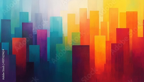 Colorful abstract city skyline with geometric shapes in vibrant hues.