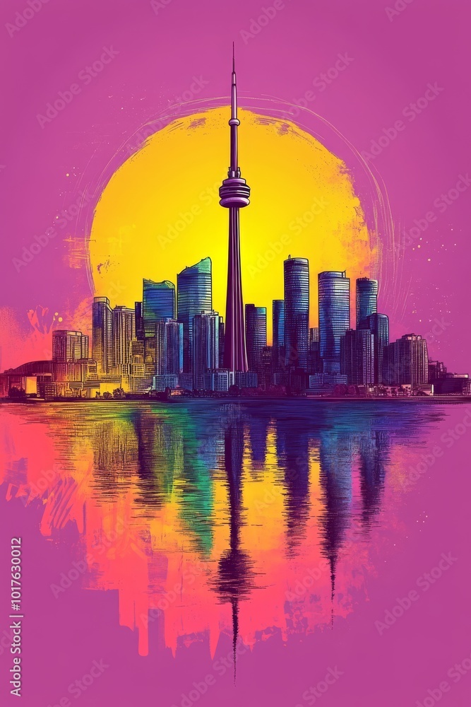 Fototapeta premium Vibrant sunset over Toronto skyline reflecting on water with standing tall