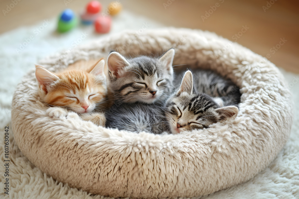 Three kitten sleeps together in fluffy bed. Three kitten sleeps together in fluffy bed.