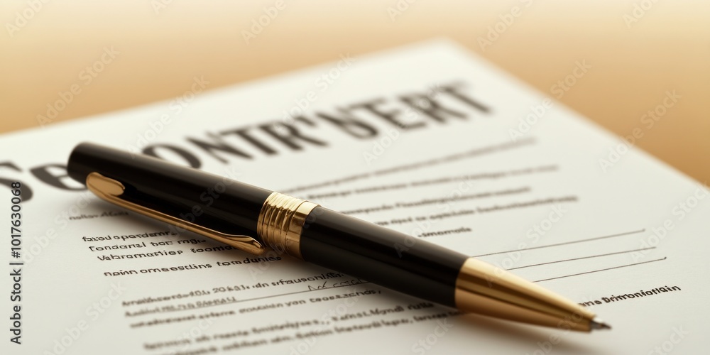 A black pen rests on a contract document, emphasizing business and formal agreements. A black pen rests on a contract document, emphasizing business and formal agreements.