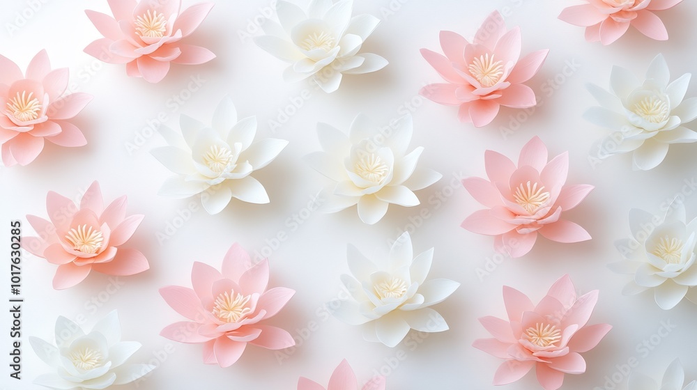 Obraz premium Beautiful arrangement of pink and white lotus flowers on a white isolated background.