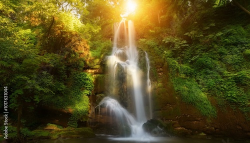  calm waterfall surrounded by lush green vegetation, bathed in golden sunset light. Soft mist rises gently from the water. Calming Rhythms